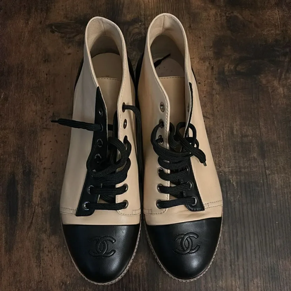 Chanel Calfskin Leather CC Cap Toe High Top Sneakers Size 39.5 / Pristine